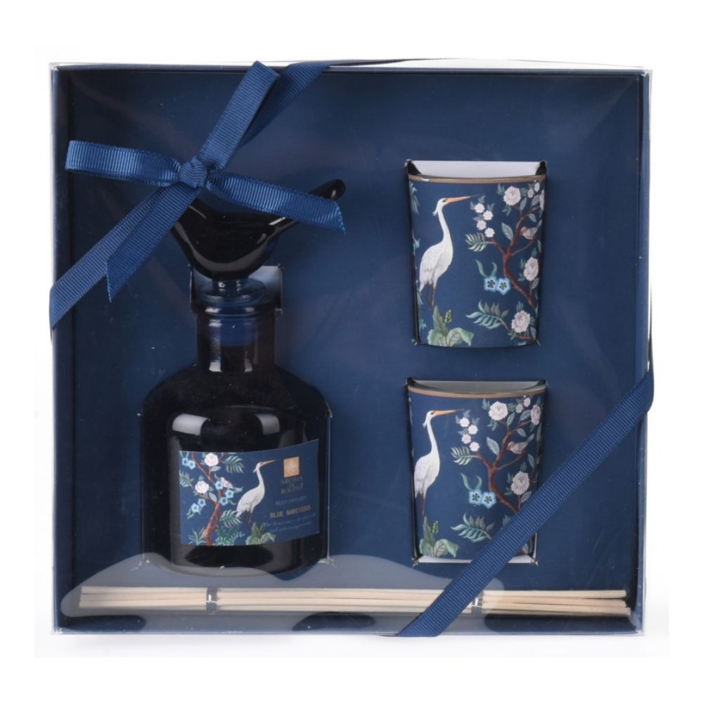 Set Difuzor Aromaterapie cu Betisoare si 2 Lumanari, Aroma di Rogito, 100 ml, Blue Narcissus