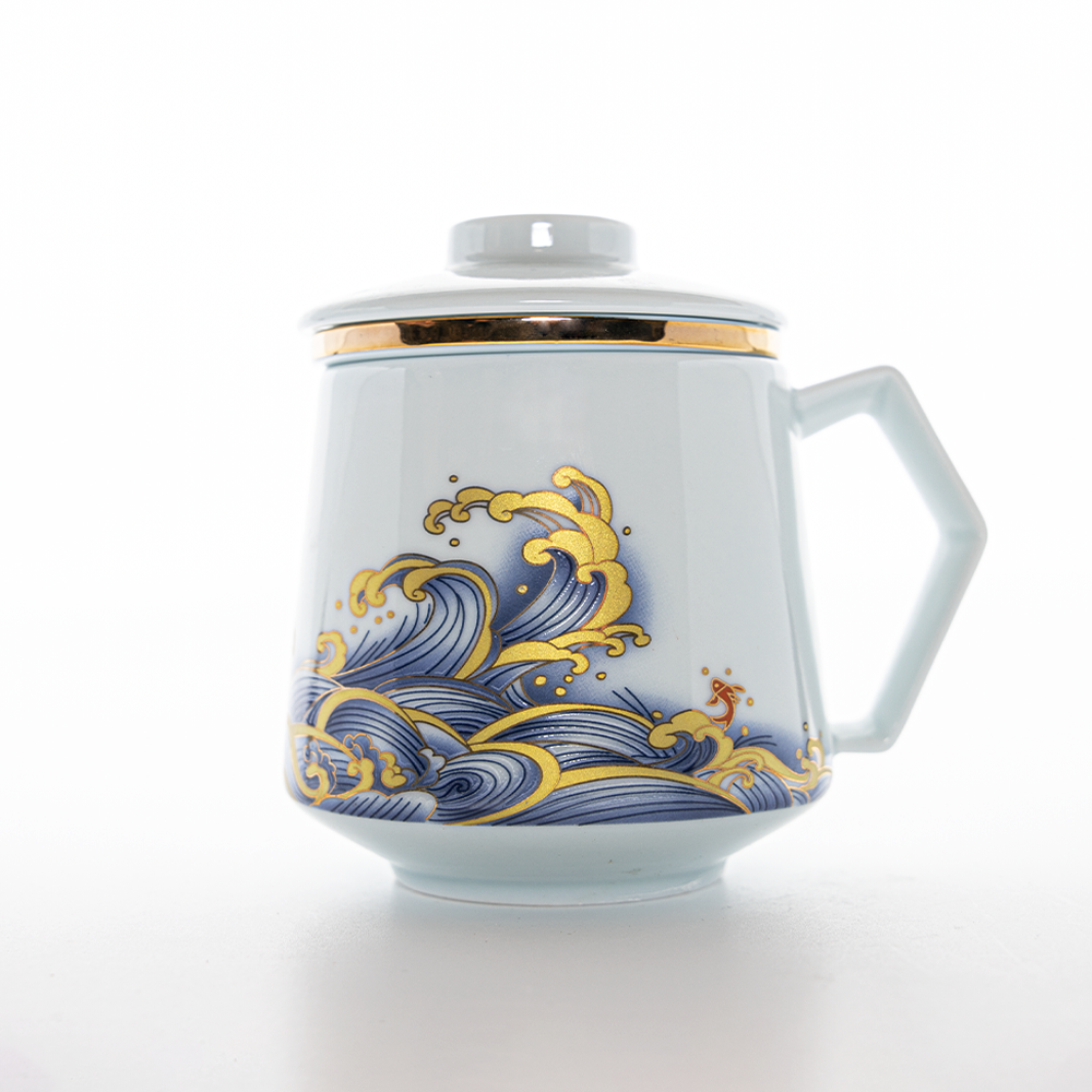 Cana Ceramica pentru Ceai, 350 ml, Maner din Bambus, Diverse Culori