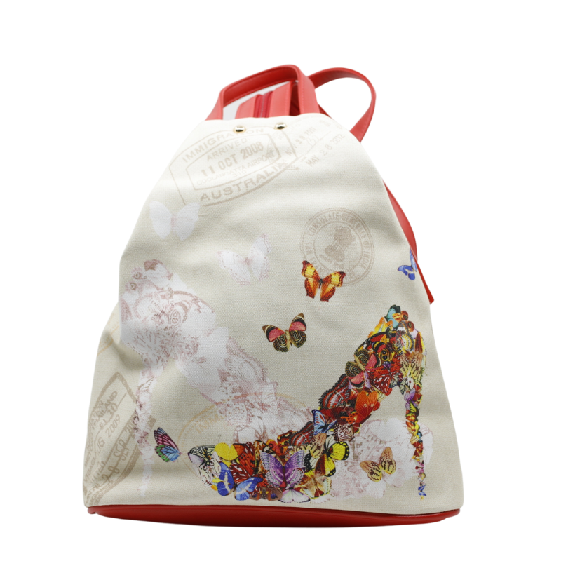 Geanta Dama de Mana/Umar/Rucsac din Piele Ecologica si Material Textil, Model Red Butterfly