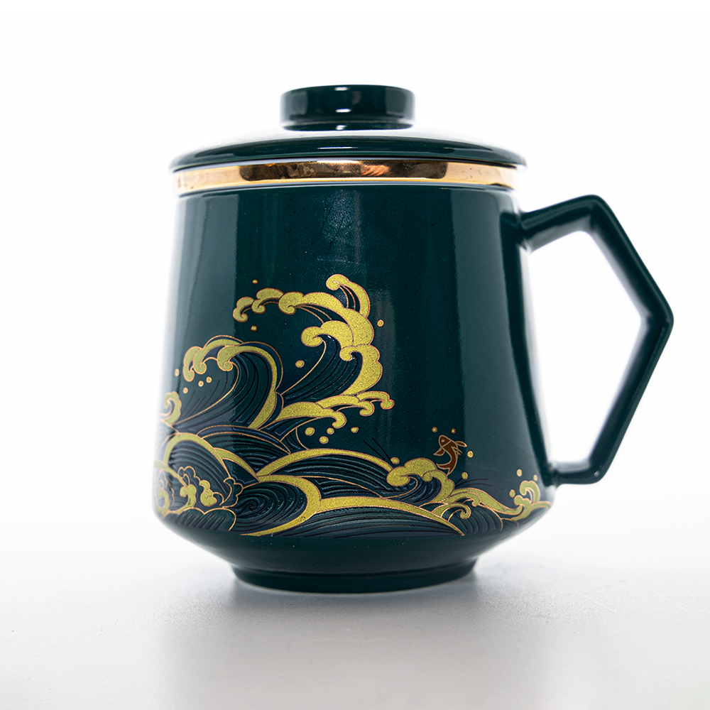 Cana Ceramica pentru Ceai, 350 ml, Maner din Bambus, Diverse Culori