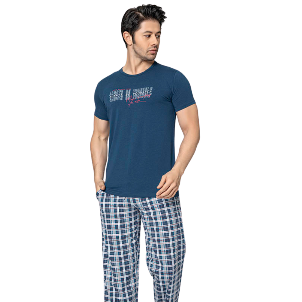 Pijama Barbati, 2 Piese, Tricou si Pantaloni, Model Dark Blue, Marimea L