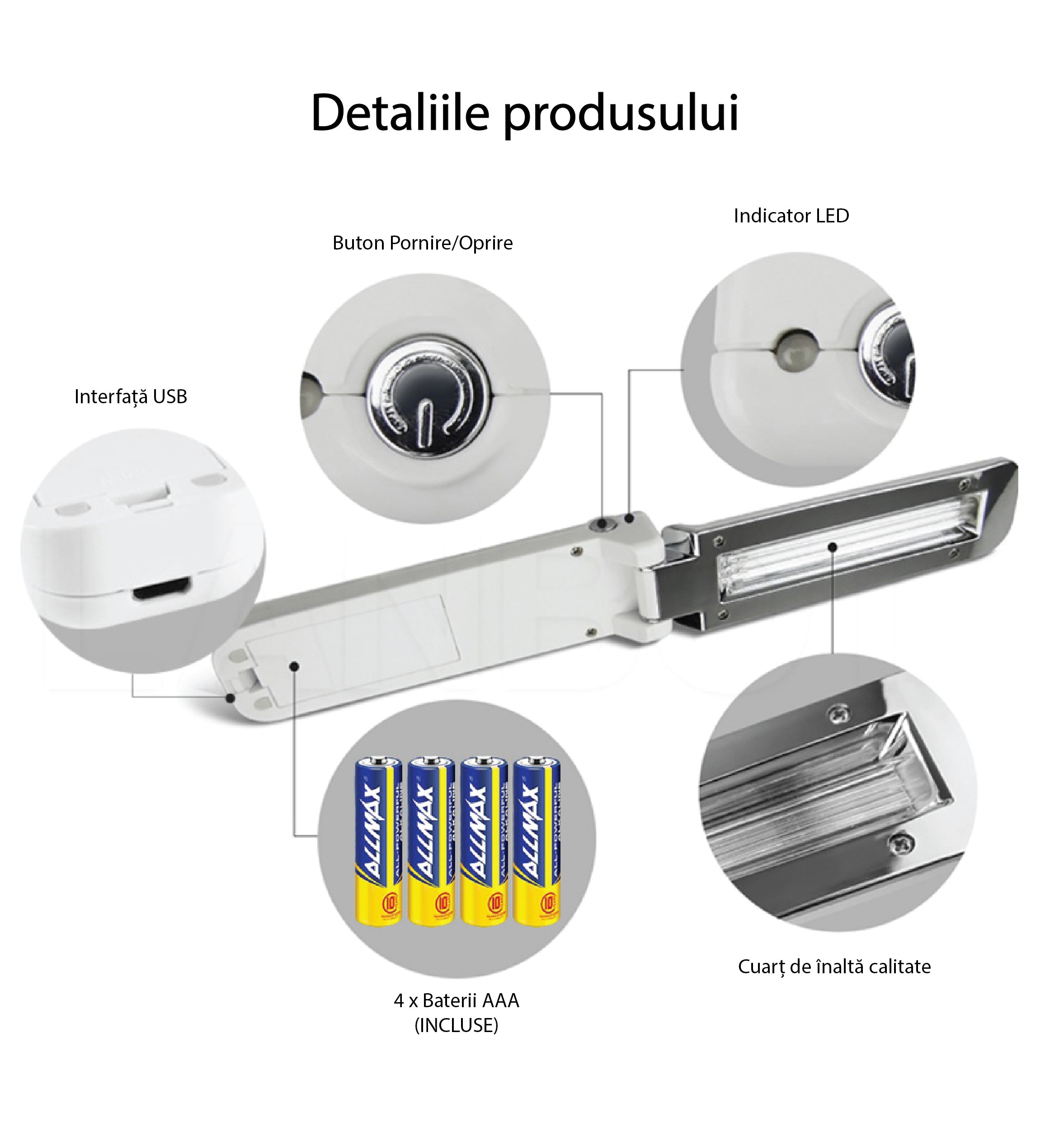 Lampa UVC Portabila Germicida 3W, Dezinfectare, Sterilizare, Bactericida - Safecare
