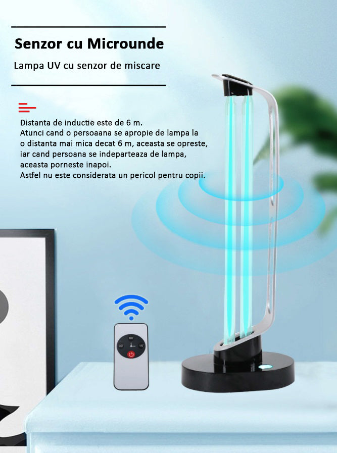 Lampa UVC Dezinfectanta, fara Ozon, cu telecomanda, senzor de prezenta si pornire intarziata - 38W - 40MP - Safecare