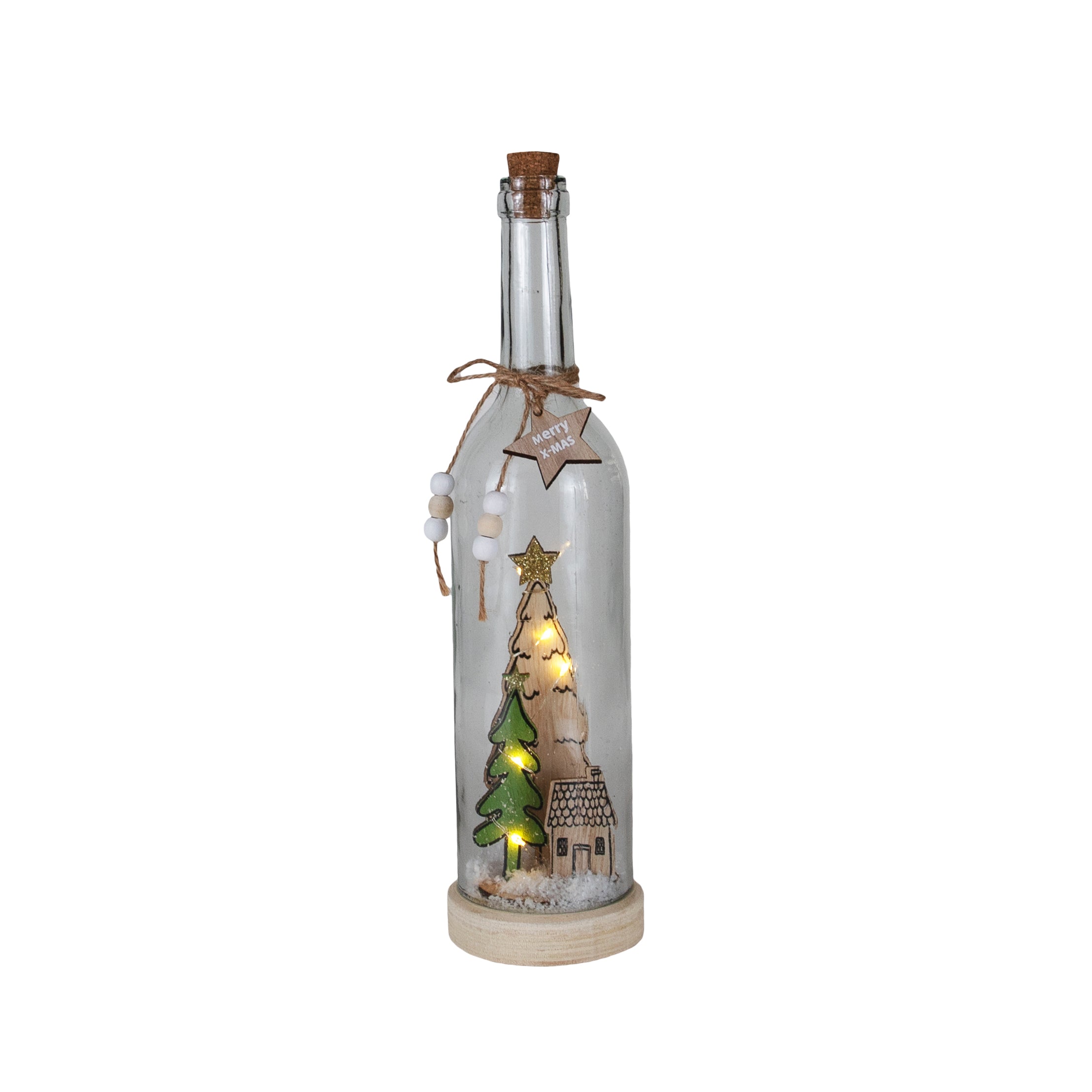 Decoratiune Craciun, Sticla cu figurine din lemn si LED, 30cm