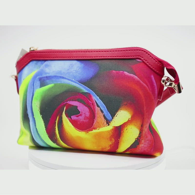 Geanta Dama de Mana/Umar din Piele Ecologica cu Material Textil, Model Rainbow Rose