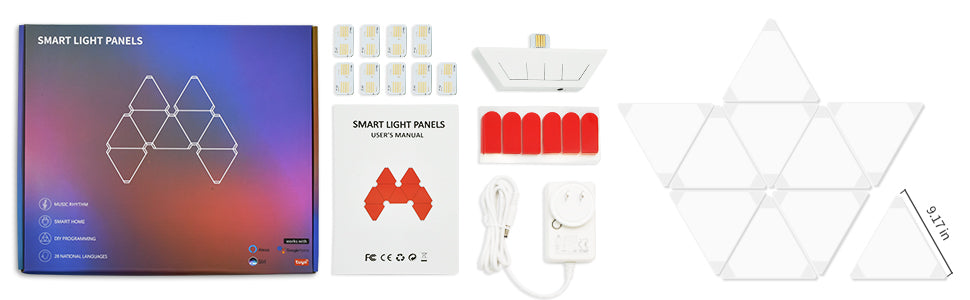 Kit 9 Panouri LED Modulare, Inteligente, Triunghiulare cu Senzor Muzica Inclus LED RGBW Wi-Fi