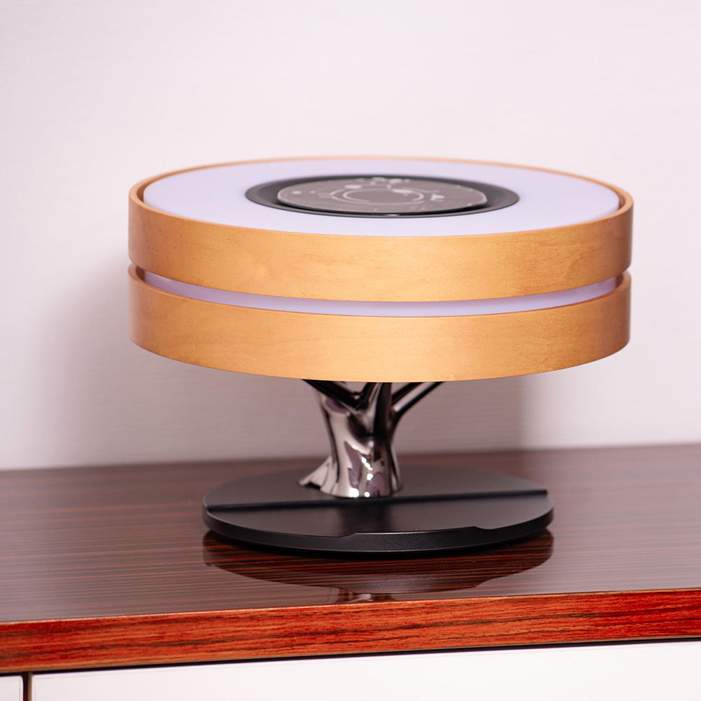 Lampa LED de Birou din Lemn de Cires, cu Incarcator Wireless si Boxa Bluetooth